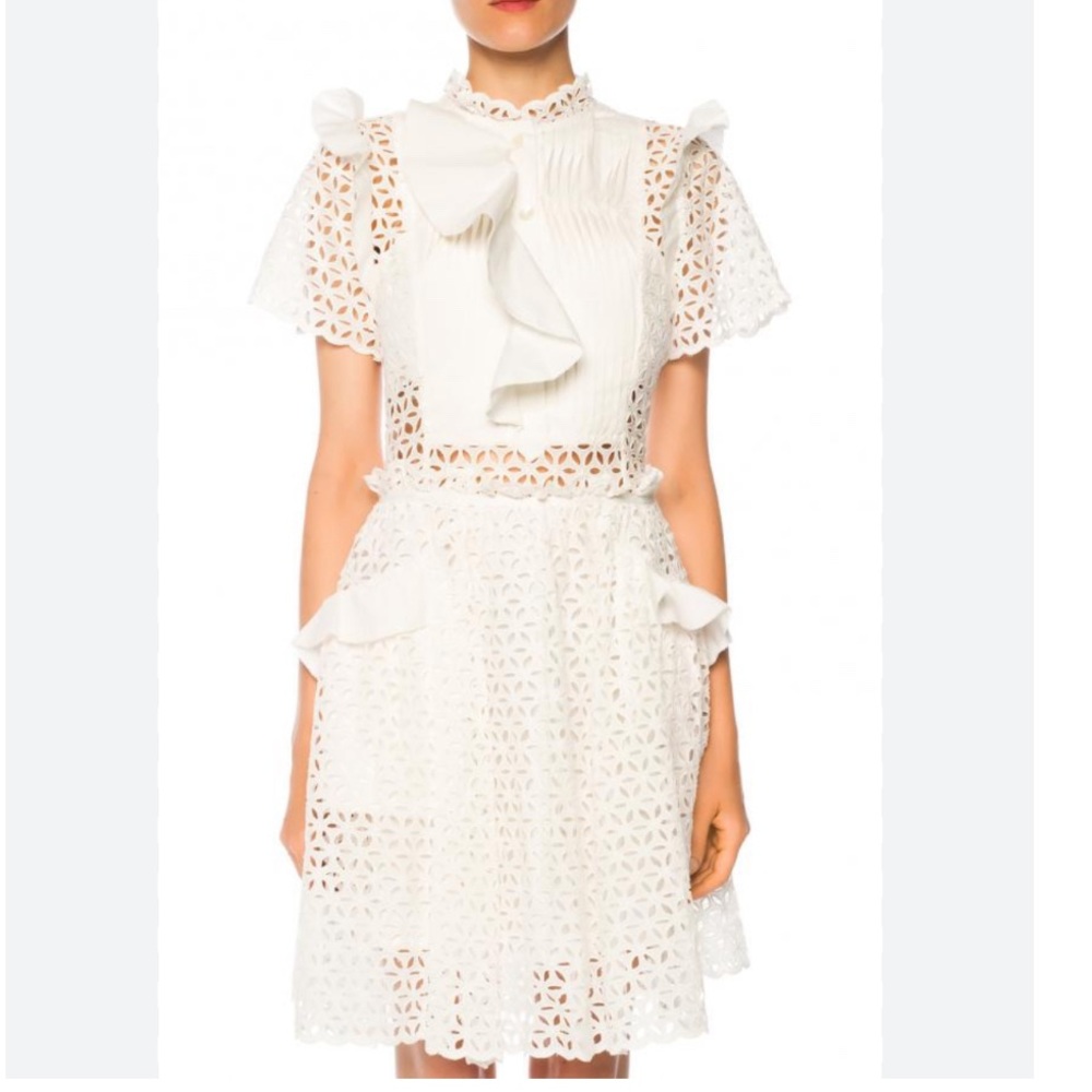 Self-Portrait White Eyelet Ruffle Detail Short Sleeve Dress Size 8 - Picture 3 of 12